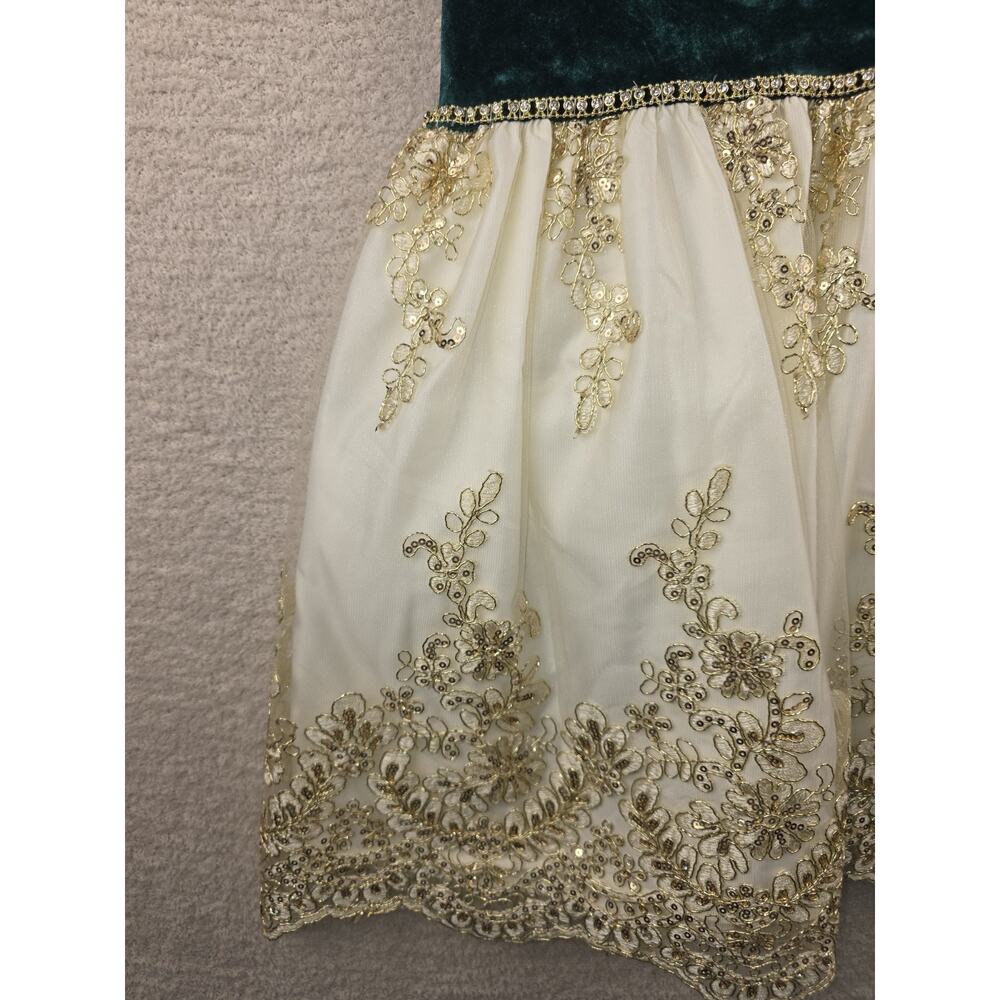 Biscotti Collezioni Girls Green Velvet and Ivory Gold Embroidered Formal Dress 6 - Picture 3 of 15